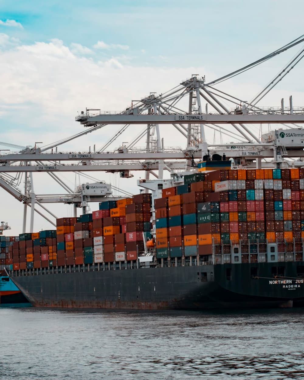 A container vessel worked by ship-to-shore gantry cranes at a deep-water berth